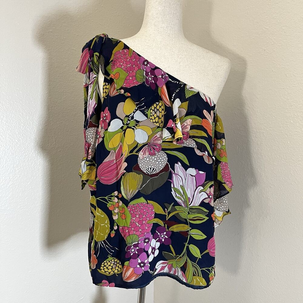Trina Turk kahe one shoulder blouse Sz L 100% silk bright floral print